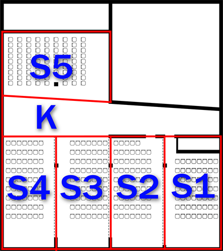 Sala 1 – 40 osób | Sala 2 – 50 osób | Sala 3 – 50 osób | Sala 4 – 50 osób | Sala 5 – 70 osób | Kuluar – ok. 40 m2